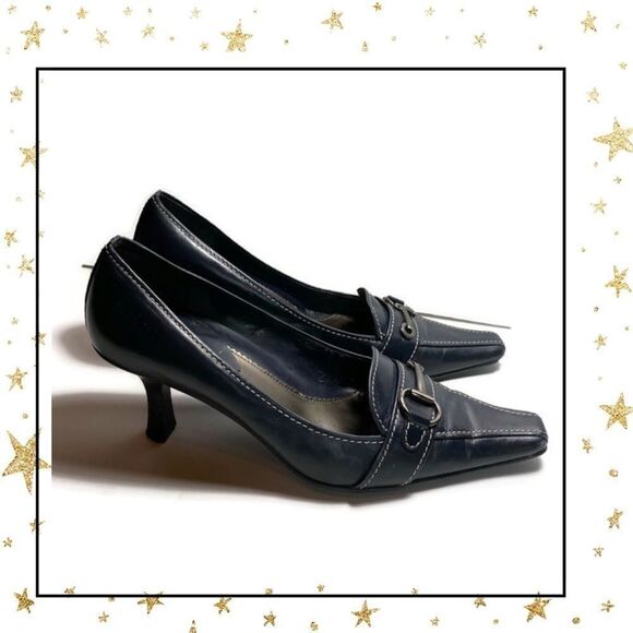 Linea Paola Navy Leather Pointed Toe Heels 6.5 - Picture 2 of 7